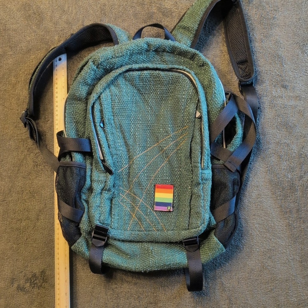 Dime Bags Hemp Blend Backpack Teal Green Woven Pride Rainbow Patch 18 Inch